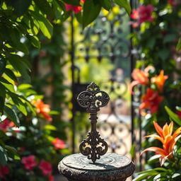 A mystical vintage key with intricate designs, gleaming softly in the dappled sunlight as it rests upon a stone pedestal