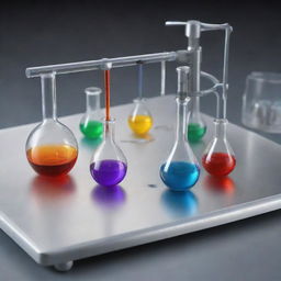 Create an animated scene of a scientific experiment involving magnets. The setting is a gleaming laboratory with glass equipment and colorful liquids. Magnets are interacting, attracting and repelling different metallic objects.