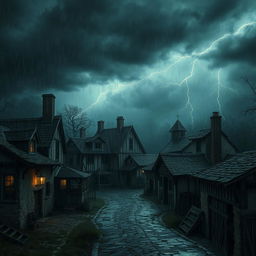 An eerie and ancient village setting, with an atmosphere of horror under a stormy, rainy day