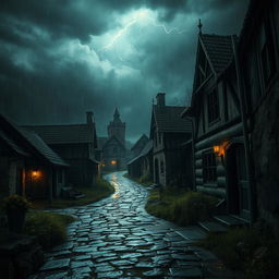 An eerie and ancient village setting, with an atmosphere of horror under a stormy, rainy day