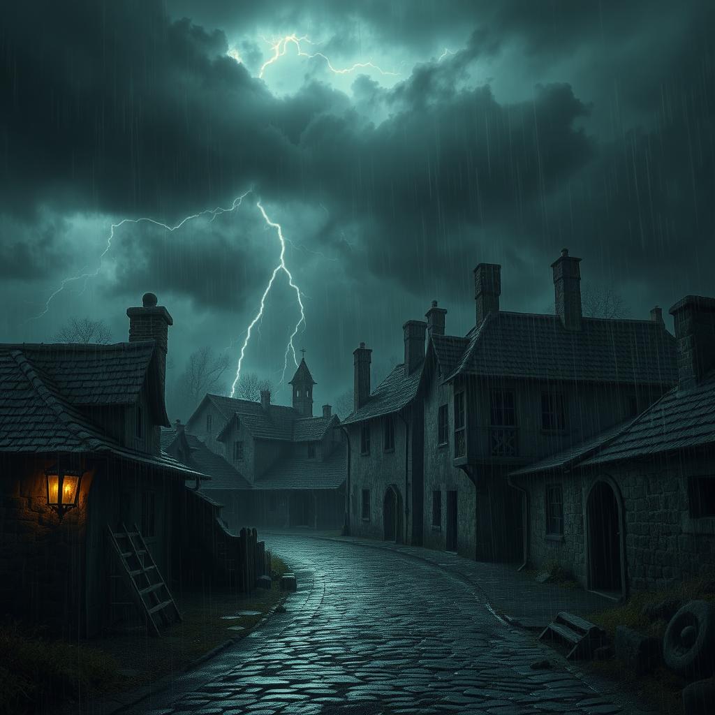 An eerie and ancient village setting, with an atmosphere of horror under a stormy, rainy day