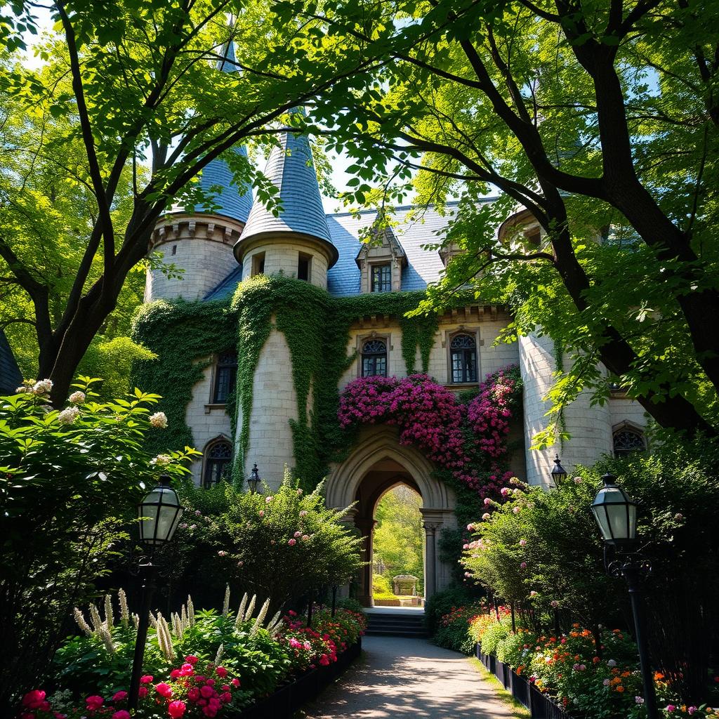 A majestic castle partially hidden beneath a lush secret garden, its ancient stone walls embraced by cascading vines and vibrant flowers