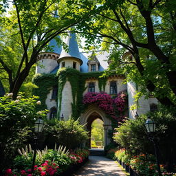 A majestic castle partially hidden beneath a lush secret garden, its ancient stone walls embraced by cascading vines and vibrant flowers