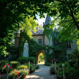 A majestic castle partially hidden beneath a lush secret garden, its ancient stone walls embraced by cascading vines and vibrant flowers