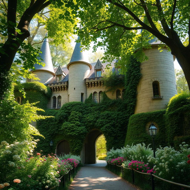 A majestic castle partially hidden beneath a lush secret garden, its ancient stone walls embraced by cascading vines and vibrant flowers