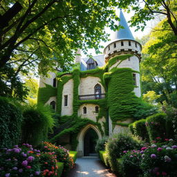 A majestic castle partially hidden beneath a lush secret garden, its ancient stone walls embraced by cascading vines and vibrant flowers