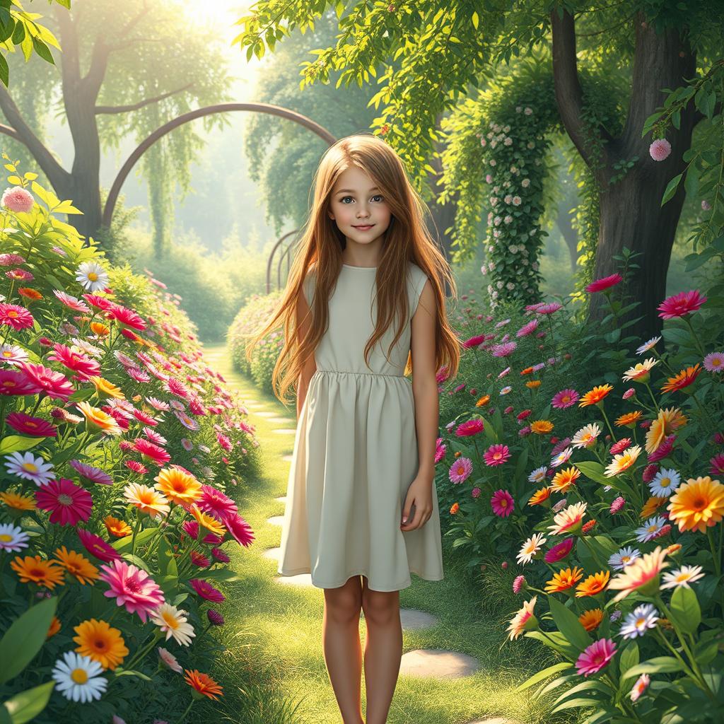 A teenage girl stands in the midst of her secret garden, surrounded by a dazzling array of vibrant flowers and greenery