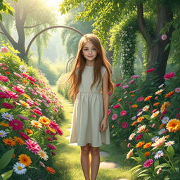 A teenage girl stands in the midst of her secret garden, surrounded by a dazzling array of vibrant flowers and greenery