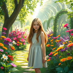 A teenage girl stands in the midst of her secret garden, surrounded by a dazzling array of vibrant flowers and greenery