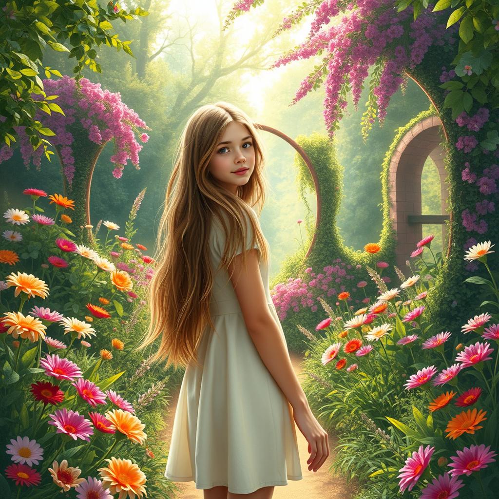 A teenage girl stands in the midst of her secret garden, surrounded by a dazzling array of vibrant flowers and greenery