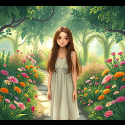 A teenage girl stands in the midst of her secret garden, surrounded by a dazzling array of vibrant flowers and greenery