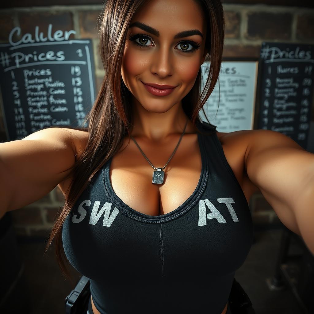 A gorgeous SWAT officer with brunette hair captured in an extreme close-up torso selfie shot