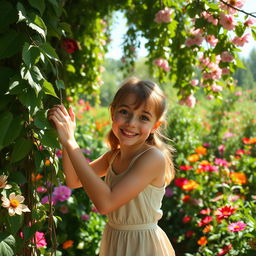 An excited teenage girl discovering a secret garden for the first time