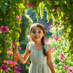 An excited teenage girl discovering a secret garden for the first time