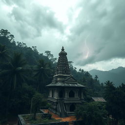 A horror-themed scene featuring an old Nepali temple, set amid a dense forest during a stormy, rainy day