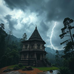 A horror-themed scene featuring an old Nepali temple, set amid a dense forest during a stormy, rainy day