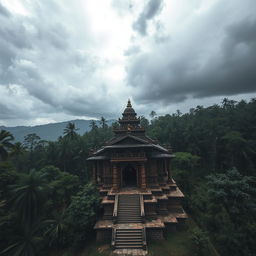 A horror-themed scene featuring an old Nepali temple, set amid a dense forest during a stormy, rainy day