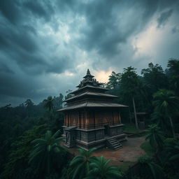 A horror-themed scene featuring an old Nepali temple, set amid a dense forest during a stormy, rainy day