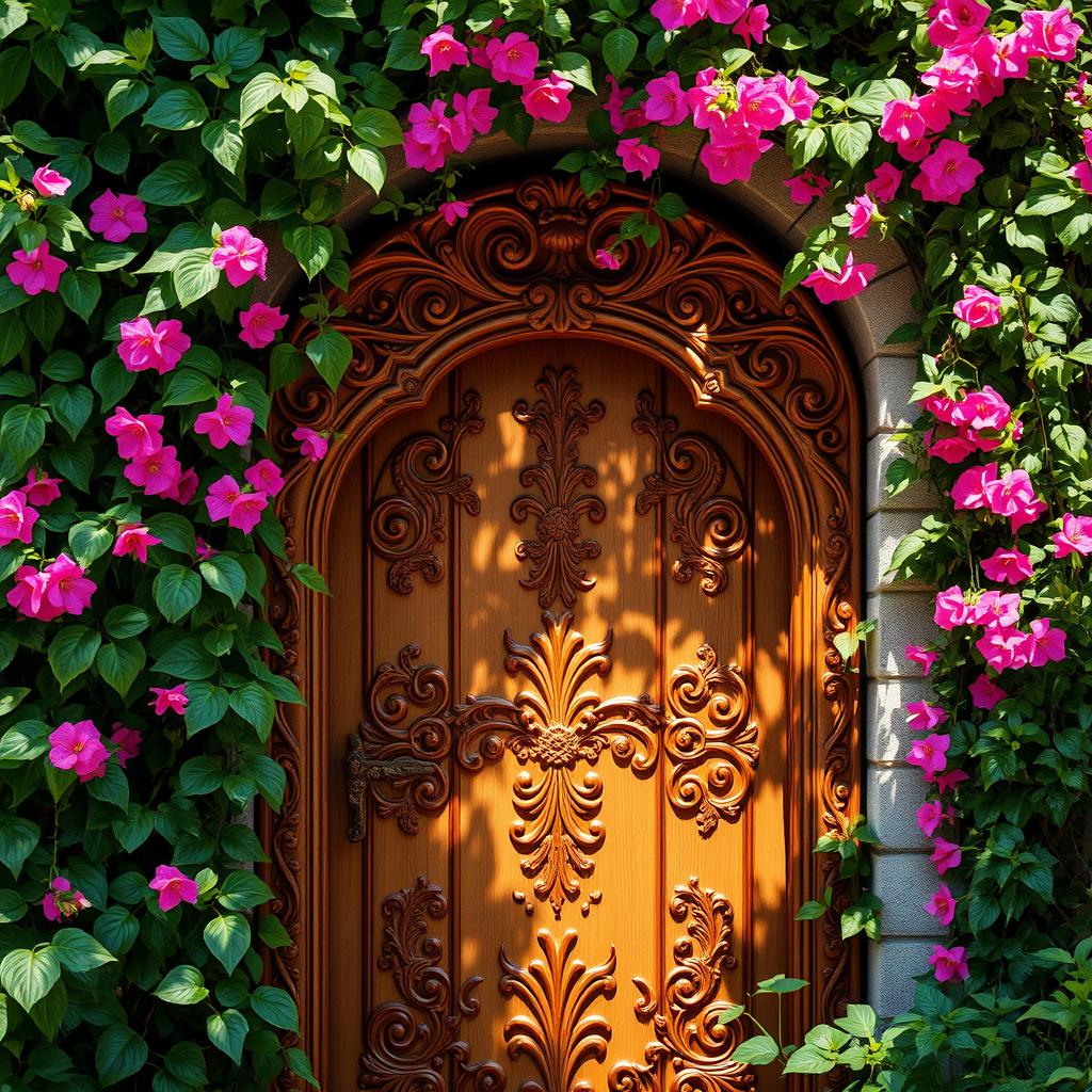 A beautifully ornate wooden door, partially concealed by lush greenery, serves as the entrance to a secret garden