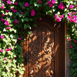 A beautifully ornate wooden door, partially concealed by lush greenery, serves as the entrance to a secret garden