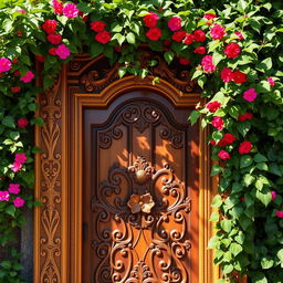 A beautifully ornate wooden door, partially concealed by lush greenery, serves as the entrance to a secret garden