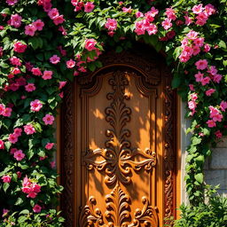 A beautifully ornate wooden door, partially concealed by lush greenery, serves as the entrance to a secret garden