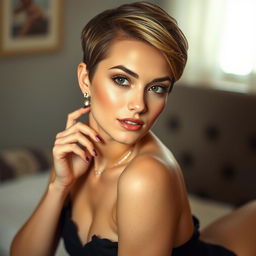 A beautiful young woman with short hair, posing confidently in a tastefully seductive manner