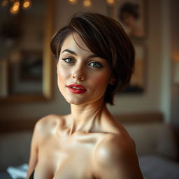 A beautiful young woman with short hair, posing confidently in a tastefully seductive manner