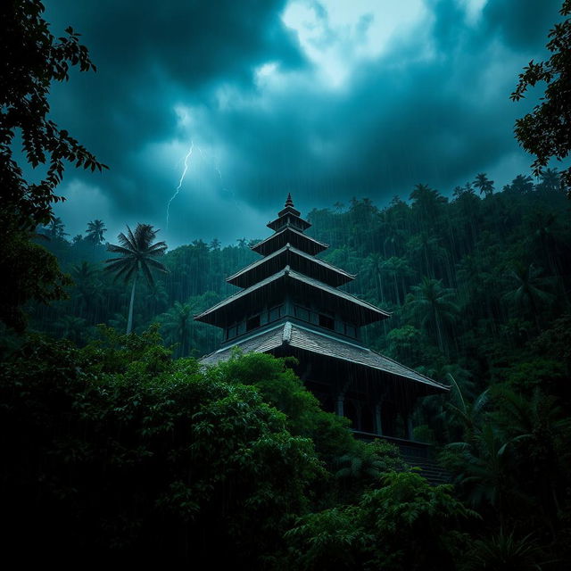 A horror-themed scene of an old Nepali temple, enveloped in a dense forest during a stormy, rainy day