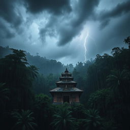 A horror-themed scene of an old Nepali temple, enveloped in a dense forest during a stormy, rainy day