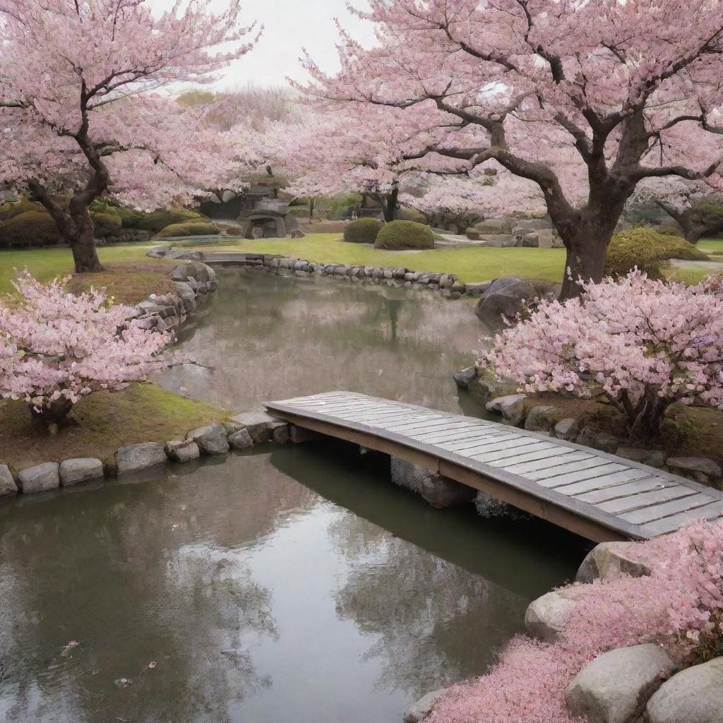 Generate an image of a serene Japanese Zen Garden during cherry blossom season, with a tranquil pond, stone lanterns, a small wooden bridge, and pink cherry blossom petals falling gently from the sky.