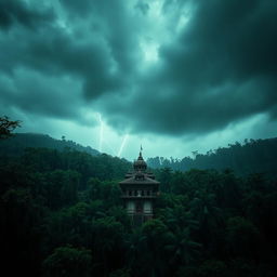 A horror-themed scene of an old Nepali temple, enveloped in a dense forest during a stormy, rainy day