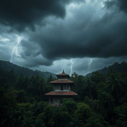 A horror-themed scene of an old Nepali temple, enveloped in a dense forest during a stormy, rainy day