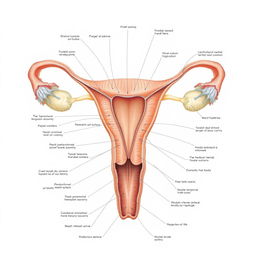 A detailed, anatomical illustration of the female reproductive system, showcasing the intricate structures in a scientific and educational manner, with labels and an emphasis on anatomical accuracy