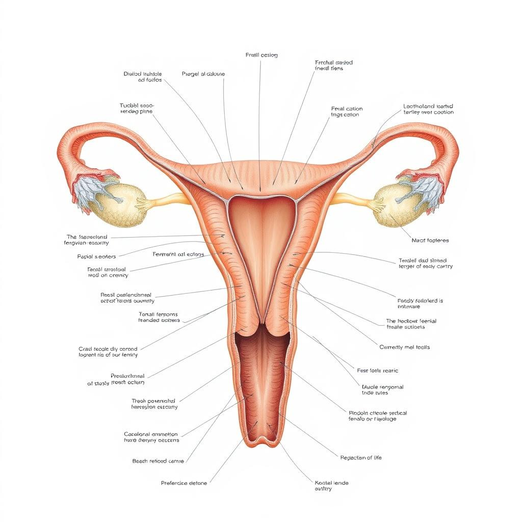 A detailed, anatomical illustration of the female reproductive system, showcasing the intricate structures in a scientific and educational manner, with labels and an emphasis on anatomical accuracy