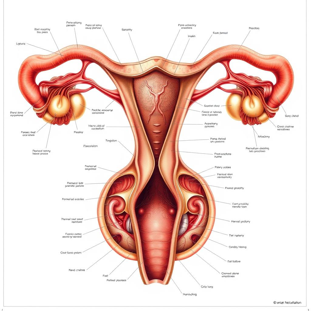 A detailed, anatomical illustration of the female reproductive system, showcasing the intricate structures in a scientific and educational manner, with labels and an emphasis on anatomical accuracy