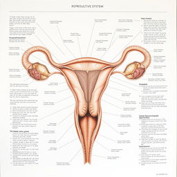 A detailed, anatomical illustration of the female reproductive system, showcasing the intricate structures in a scientific and educational manner, with labels and an emphasis on anatomical accuracy