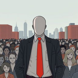 Vector art cover featuring a faceless man in formal clothes with a red tie, standing prominently in a faceless crowd