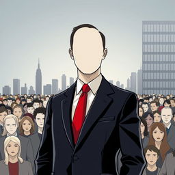 Vector art cover featuring a faceless man in formal clothes with a red tie, standing prominently in a faceless crowd