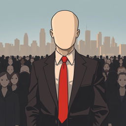 Vector art cover featuring a faceless man in formal clothes with a red tie, standing prominently in a faceless crowd