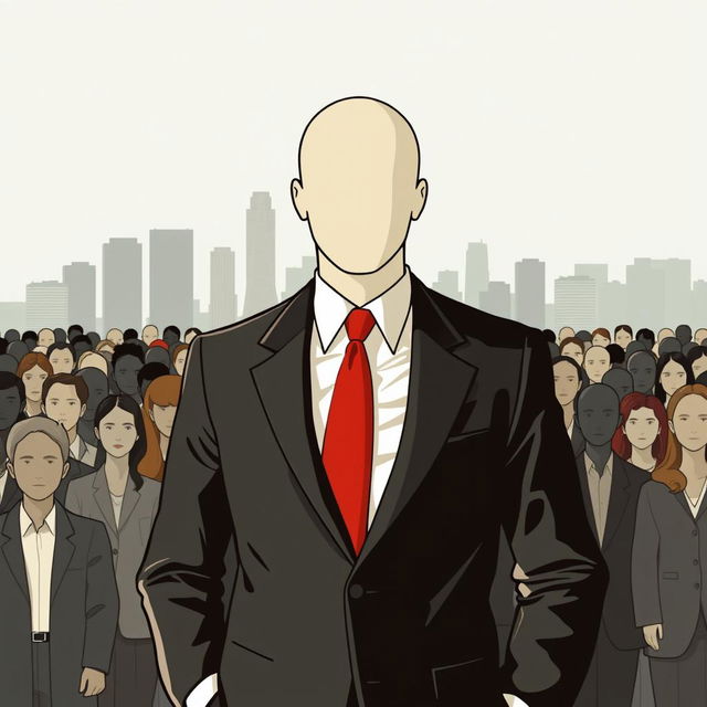 Vector art cover featuring a faceless man in formal clothes with a red tie, standing prominently in a faceless crowd