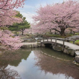 Generate an image of a serene Japanese Zen Garden during cherry blossom season, with a tranquil pond, stone lanterns, a small wooden bridge, and pink cherry blossom petals falling gently from the sky.