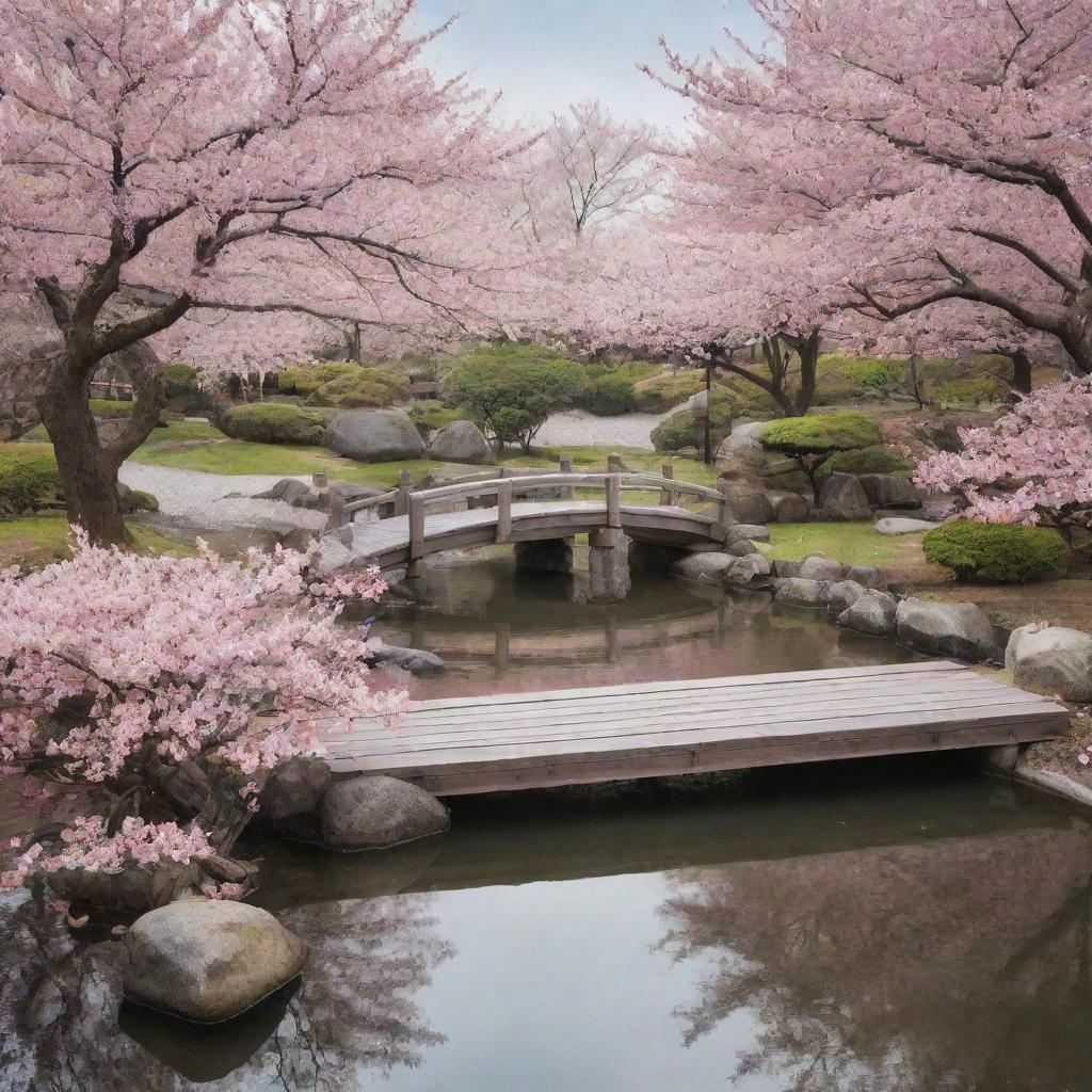 Generate an image of a serene Japanese Zen Garden during cherry blossom season, with a tranquil pond, stone lanterns, a small wooden bridge, and pink cherry blossom petals falling gently from the sky.