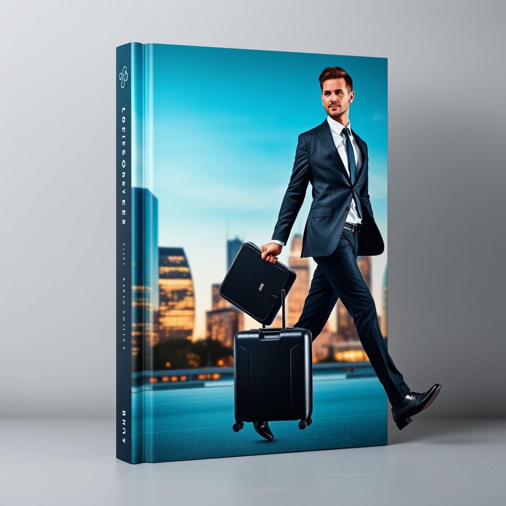 A striking book cover depicting a confident man in a sharp suit, holding a sleek suitcase