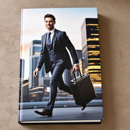 A striking book cover depicting a confident man in a sharp suit, holding a sleek suitcase