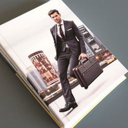 A striking book cover depicting a confident man in a sharp suit, holding a sleek suitcase