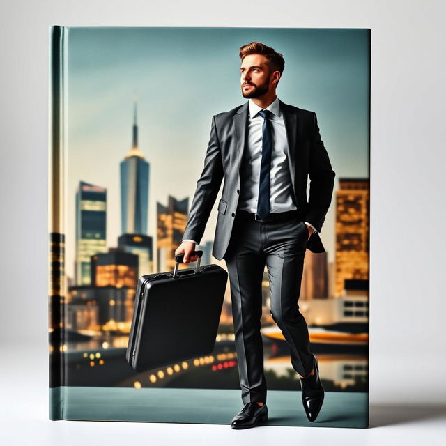 A striking book cover depicting a confident man in a sharp suit, holding a sleek suitcase