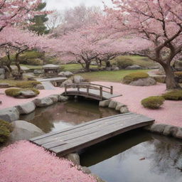 Generate an image of a serene Japanese Zen Garden during cherry blossom season, with a tranquil pond, stone lanterns, a small wooden bridge, and pink cherry blossom petals falling gently from the sky.