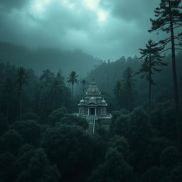 A horror-themed scene featuring an ancient Nepali temple surrounded by dense forest, captured from an aerial view