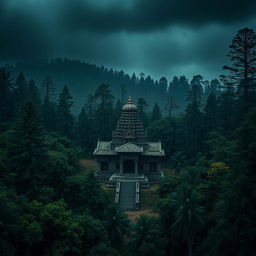 A horror-themed scene featuring an ancient Nepali temple surrounded by dense forest, captured from an aerial view